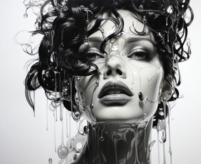 Beautiful Woman pale face portrait with slightly open mouth and dark eyes black and white painted with many transparent liquid tickles over the face on white