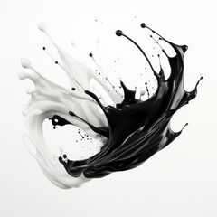 big Splash of shiny black and white filamentous paint on white background