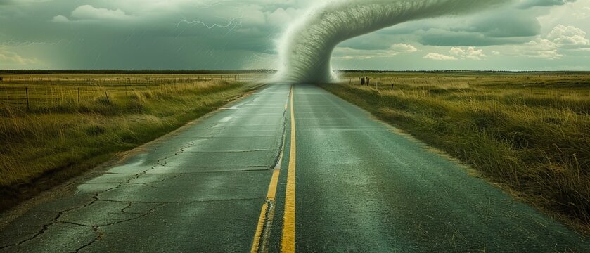 Tornado on road in stormy landscape