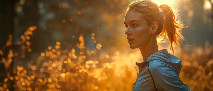 A fit, sporty woman runs in the forest early in the morning, illustrating a healthy lifestyle.