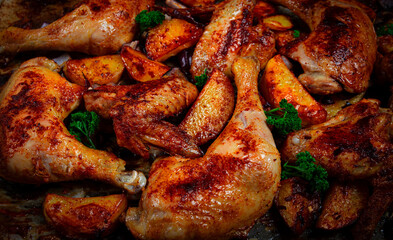 Roast chicken legs with potatoes and onions in the oven, homemade. No people.