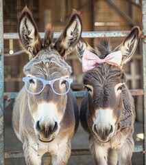 Two cute donkeys stand in a barn, one with blue glasses and the other with a pink bow on his head