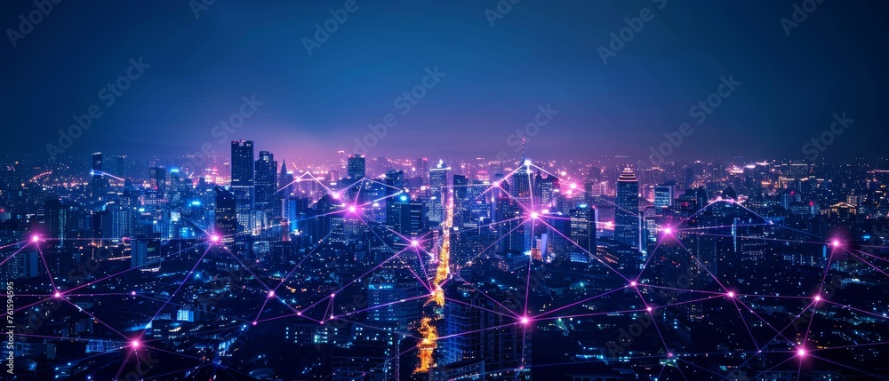 Leinwandbilder night time wireless network connection and cityscape concept in a modern city. wireless network and 