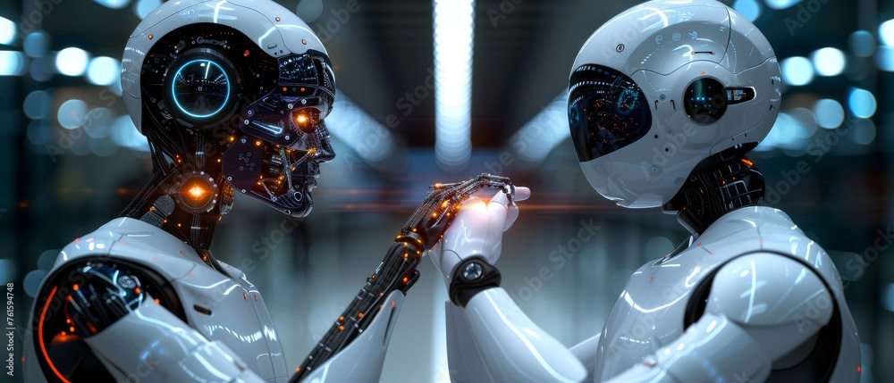 Poster A robot and a human touching DNA in a virtual interface on future, science and innovation, artificial intelligence technology.