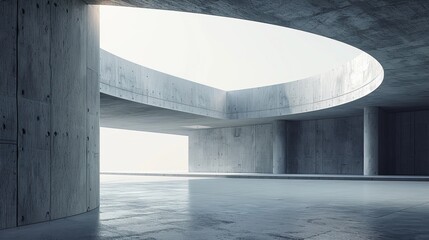 An empty cement floor sits on top of a futuristic concrete building with a car park.