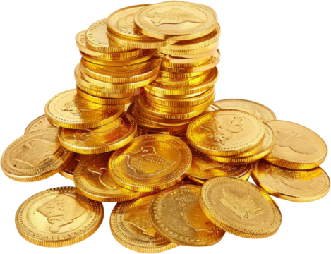 Stacks of gold coins with clover imprint, cut out transparent