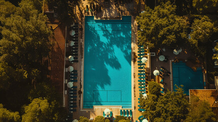 The view from above of an old swimming pool with clear blue water. There are chairs to relax and rest by the pool.
