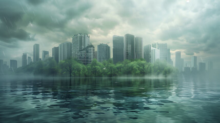 city flooding, global warming and climate change, green house effect, future concept - obrazy, fototapety, plakaty