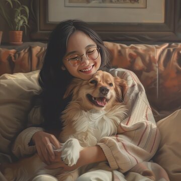 Portrait beautiful asian women playing with funny dog at couch in living room. AI generated image