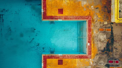 Foto auf Alu-Dibond The view from above of an old swimming pool with clear blue water. There are chairs to relax and rest by the pool.  © Aisyaqilumar