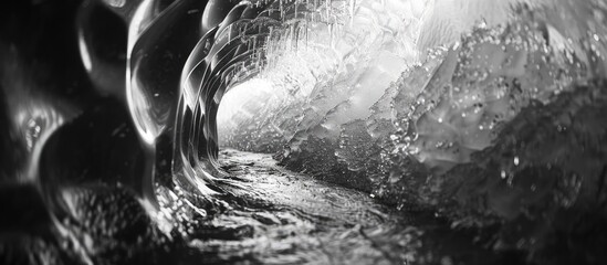 Churning Wave Inside Black and White Ice Cave Labyrinth with Shimmering Crystals - obrazy, fototapety, plakaty