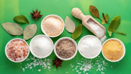 Fototapeta na wymiar Different salt in bowls and scoop on green background. high quality photo