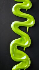 very smooth neon green thick liquid, high viscosity, flowing vertically from above in wavy drops, on a black surface, splashing - obrazy, fototapety, plakaty