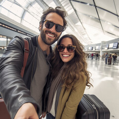 Travel concept. Couple with brown hair and sunglasses take selfie at the airport terminal. Smiling and happy, they are waiting to leave for holiday. Lifestyle and vacation concept