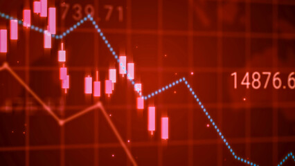 Falling digital business trend chart, market candlestick stock chart loss profit, negative crypto investment bearish price concept, blue finance technology failure crisis background 3d rendering - 761596521
