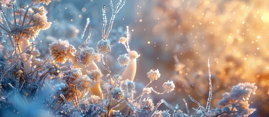 Enchanting Winter Background with Frost-Covered Flowers in Soft Golden Sunlight - obrazy, fototapety, plakaty