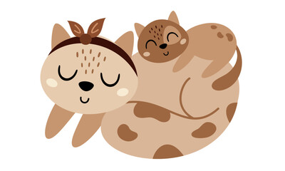 Cat clipart. Happy Mothers day clipart. Mom and baby animals in cartoon flat style. Hand drawn vector illustration.