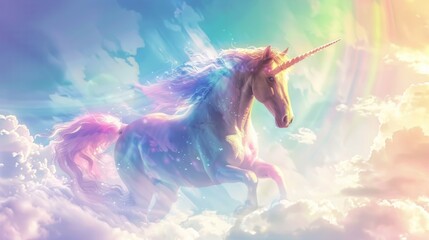 Fantasy colorful Unicorn pastel rainbow and clouds on blue sky background.AI generated image