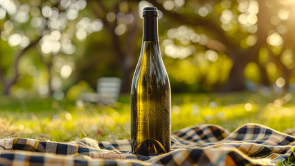 Wine Bottle on Picnic Blanket at Sunset. - obrazy, fototapety, plakaty