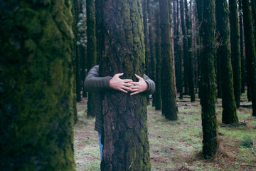 Nature lover hugging trunk tree with green musk in tropical woods forest. Green natural background. Concept of people love nature and protect from deforestation or pollution or climate change