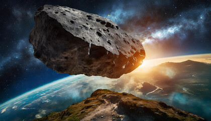 Huge asteroid in space flying towards planet earth. View from space.