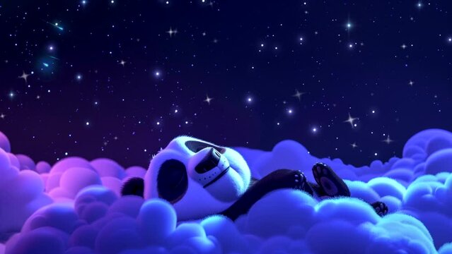 Baby panda sleeping peacefully on cloud and starry sky. seamless looping 4k time-lapse animation video background