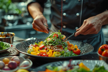 Chef Garnishing Colorful Vegetable Salad.