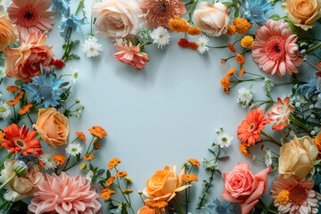 Fototapeta na wymiar Vibrant Floral Frame on Soft Blue Background.