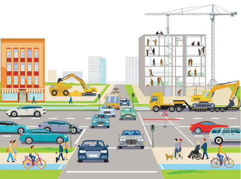 Stadtsilhouette einer Stadt mit Verkehr und Menschen,  illustration