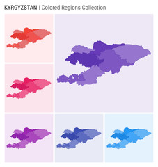 Obraz premium Kyrgyzstan map collection. Country shape with colored regions. Deep purple, red, pink, purple, indigo, blue color palettes. Border of Kyrgyzstan with provinces for your infographic.