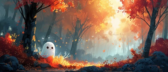 Cartoon scene of whimsical magical trees and a cute ghost floating