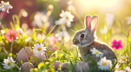 Serene scene of a rabbit among daisies in a sunlit spring environment,ai generated