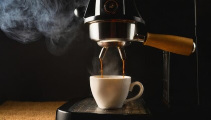 Extracting coffee from the coffee machine with a portafilter, pouring steaming hot coffee 