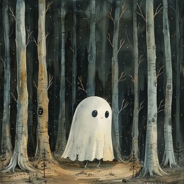 Cute ghost exploring a forest of whimsical magical cartoon trees