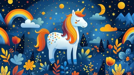 Whimsical seamless fabric pattern with magical unicorns and rainbows