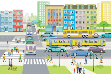 Stadtsilhouette einer Stadt mit Verkehr und Menschen,  illustration - 761598769