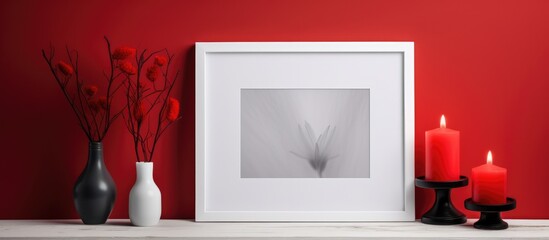 White photo frame and yellow field with white candle on clay candlestick on black and white painted pine board shelf.