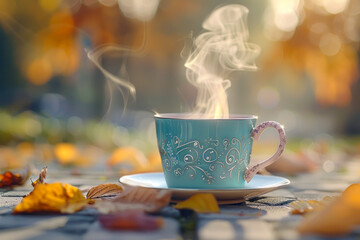 Hot Coffee Cup with Steam in Autumn Setting.