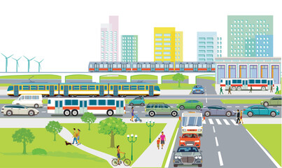 Stadtsilhouette einer Stadt mit Verkehr und Menschen,  illustration - 761598949