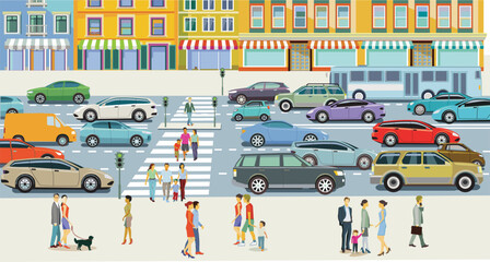 Stadtsilhouette einer Stadt mit Verkehr und Menschen,  illustration - 761598979