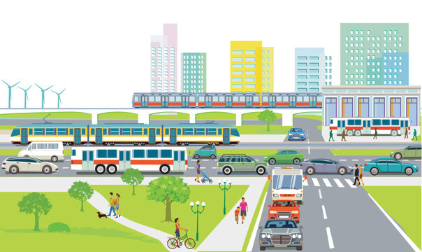 Stadtsilhouette einer Stadt mit Verkehr und Menschen,  illustration