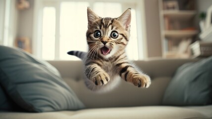 gray tabby young cat jumps in the apartment and flies in the air with a surprised muzzle. energetic...