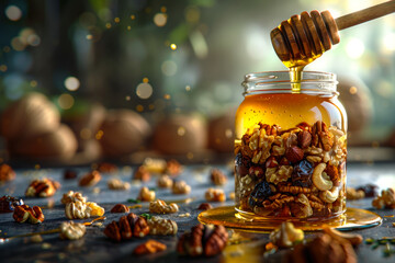 Jar of Honey and Nuts in Golden Light.