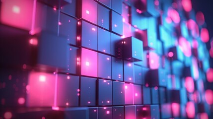 Abstract geometric pink blue neon light 3d texture wall with squares and square cubes background banner illustration with glowing lights, textured wallpaper - obrazy, fototapety, plakaty