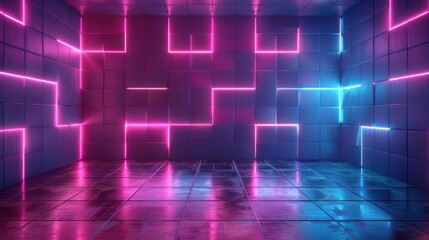 Abstract geometric pink blue neon light 3d texture wall with squares and square cubes background banner illustration with glowing lights, textured wallpaper
