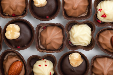 Collection of chocolates close-up. View from above