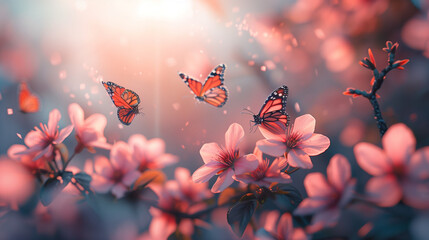 Butterflies fluttering among flowers - obrazy, fototapety, plakaty