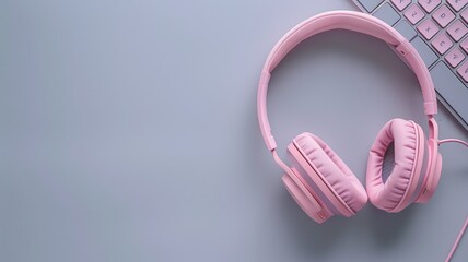 Pink headphones, laptop, minimalist.