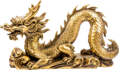 Golden Chinese dragon statue, cut out transparent