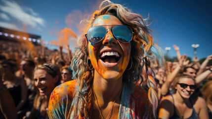 Joyful expressions abound as a large crowd of young people cheers and celebrates outside during a summer festival, splashing colors in a festive manner.